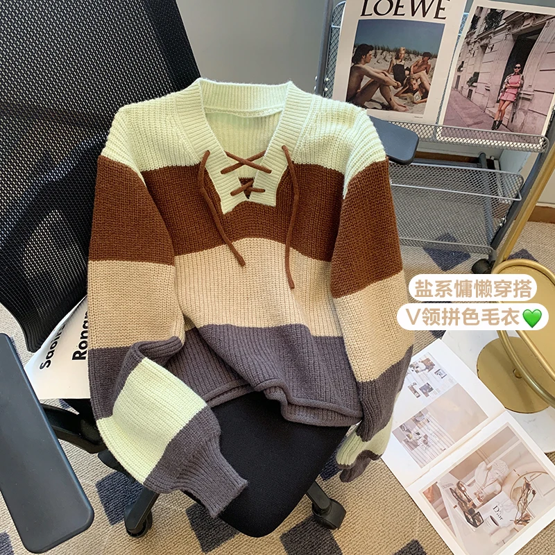 

Vintage Contrasting Color Striped Sweater Women's Short Fashion Autumn And Winter Lace-up Long Sleeve Knit Pullover Top