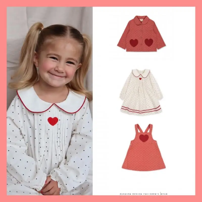 

2023 BC Boutique Clothes Set for Baby Girls Kids Heart Printed Series Outfits Infants Red Jacket & White Dress & Overall Dresses