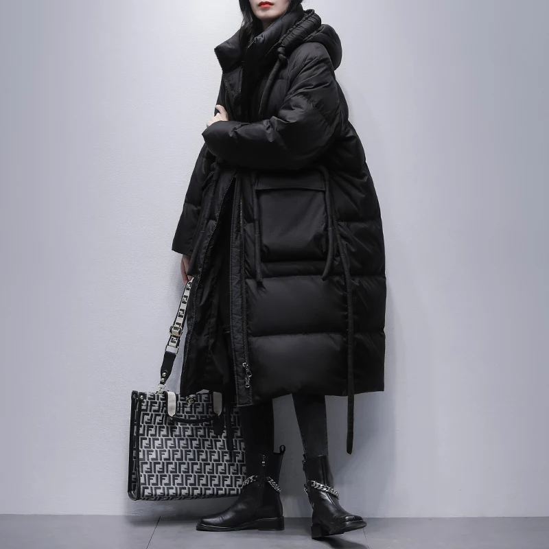 

Women 2022 Winter New Fashion Loose Hooded Outwear Female Solid Color White Duck Down Jackets Ladies Long Thick Warm Coats D136