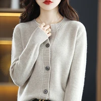 early spring new 100 pure wool knitted cardigan womens short round neck sweater coat loose cashmere outer top