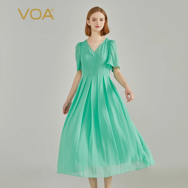 

VOA Silk Georgette Spring Green Double Layer V-neck Bubble Sleeve Pleated Mace Waistband Original Fresh Rural Dress AE2152