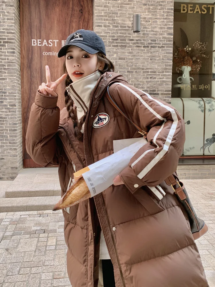 Дизайнерская Свободная куртка на белом утином пуху с капюшоном в стиле преппи