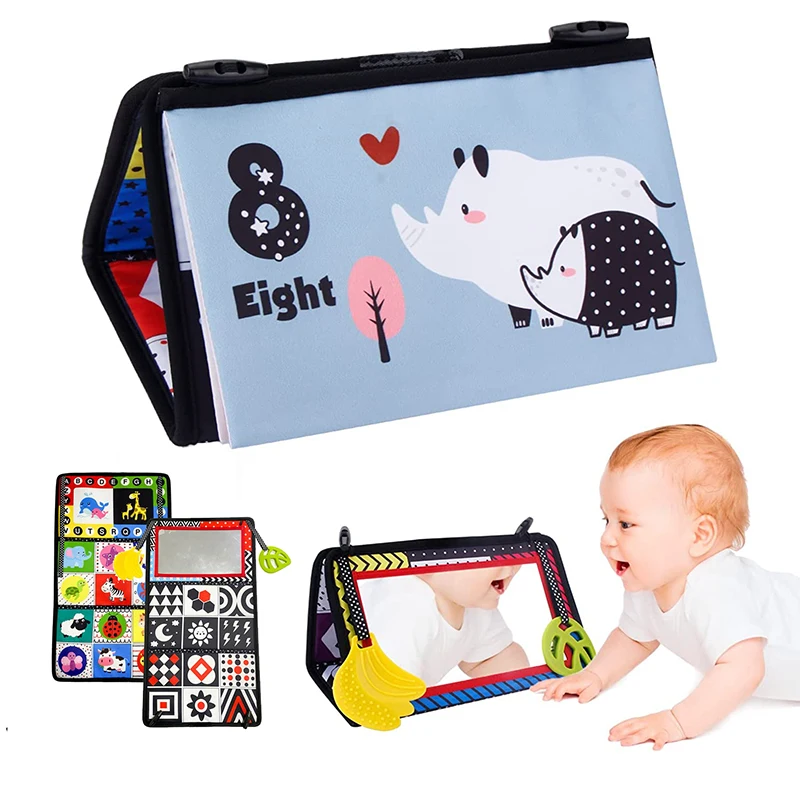 

Tummy Time Floor Mirror High Contrast Black and White Baby Soft Cloth Books Toys for Infants Sensory Toy 0 12 Month Toys