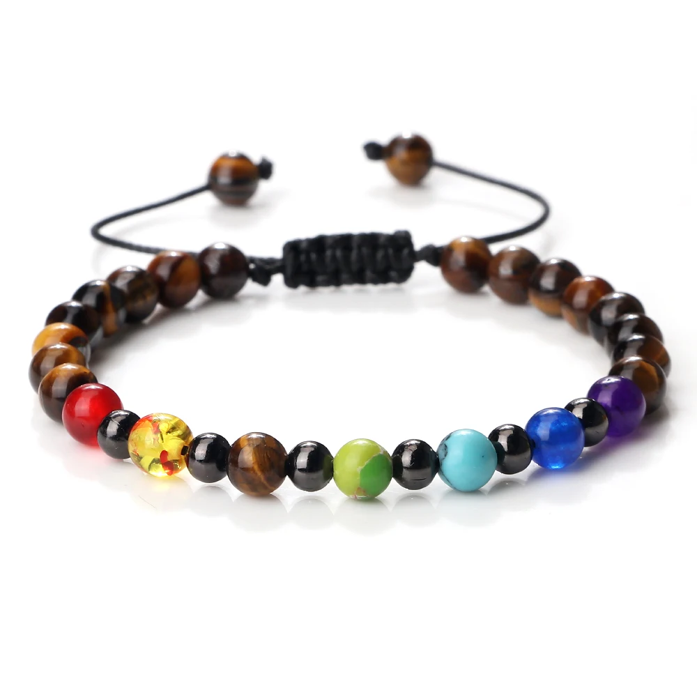 

Natural Tiger Eye Stone 7 Chakra Bracelets For Men Reiki Energy Stone Braided Adjustable Bracelet Women Fashion Handmade Jewelry