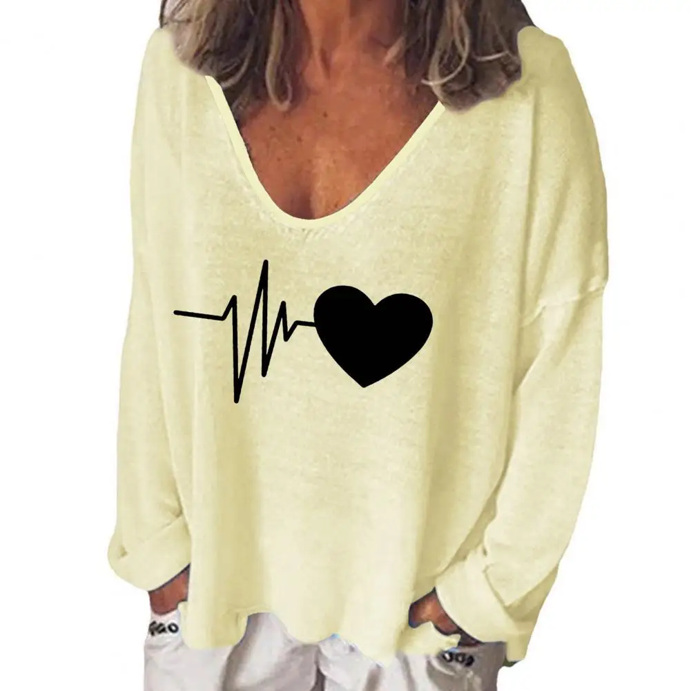 

T-shirt Top V Neck Comfy Elastic Heart to Heart Pattern Autumn Tee Shirt Women T-shirt Female Clothing