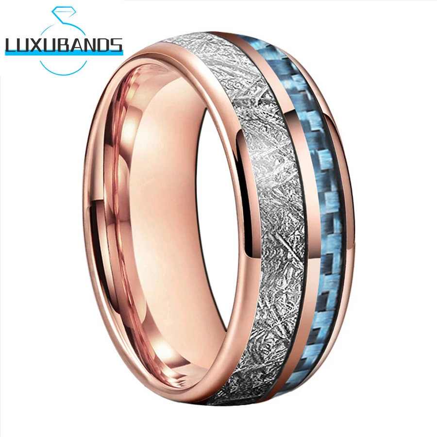 

Gold Rose Black Mens Tungsten Wedding Ring For Women 8mm Grooved Blue Carbon-Fiber Meteorite Inlay Polished Finish Comfort Fit