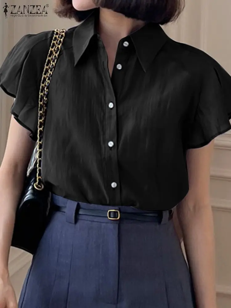 

Летняя винтажная рубашка на пуговицах ZANZEA, элегантная женская блузка с отложным воротником и коротким рукавом, праздничные блузки, Повседн...