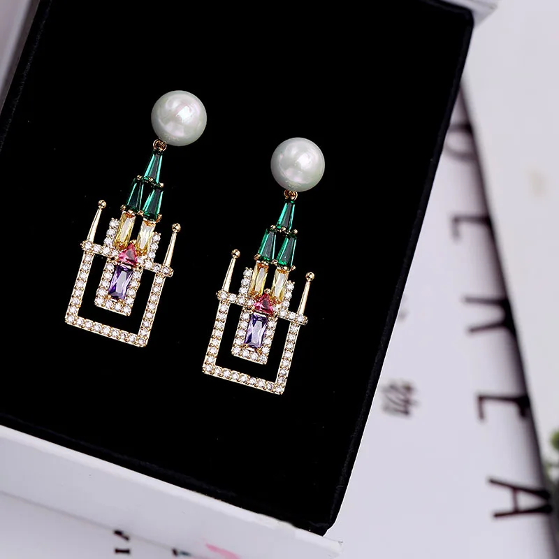 

Nail colorful zircon temperament personality creative fairy tale castle pearl earrings