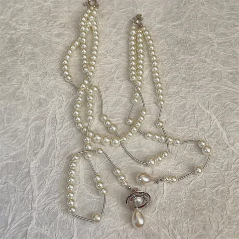 Трехслойное асимметричное жемчужное ожерелье-цепочка для свитера, женское многослойное ожерелье во французском стиле с ключицей