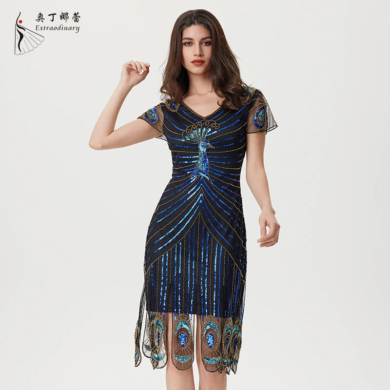 Женское вечернее платье в стиле ретро с синим павлином и короткими рукавами