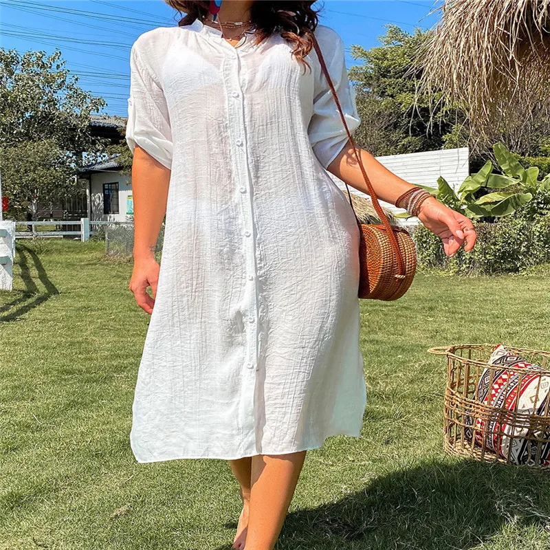 

Женская свободная накидка на бикини, однотонная Свободная рубашка с длинным рукавом, на пуговицах, кардиган, летняя одежда для плавания, пля...