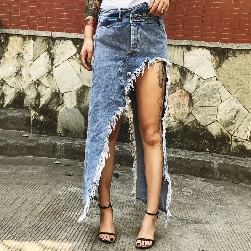

Chic Tassel Denim Women's Cowboy Skirt Blue Fashion High Street Irregular High Waist Straight Women Skirt 2021 Summer Casual New