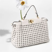 handbag woven style hollowed out kelly bags for women 2022 fashion designed metal lock soft leather solid color female tote bags