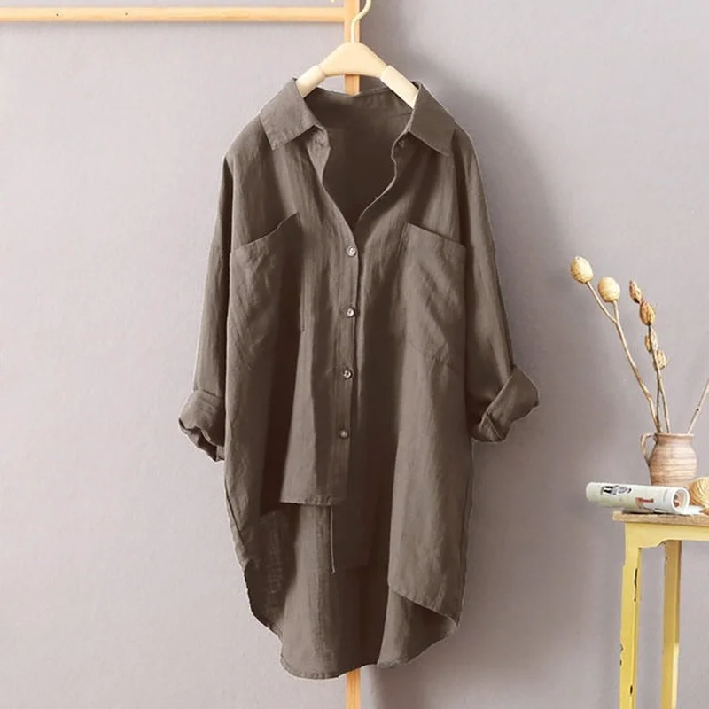 

New Casual Style Solid Color Shirts Autumn All Match New Women's Cardigans Double Pockets Long Sleeve Temperament Tops