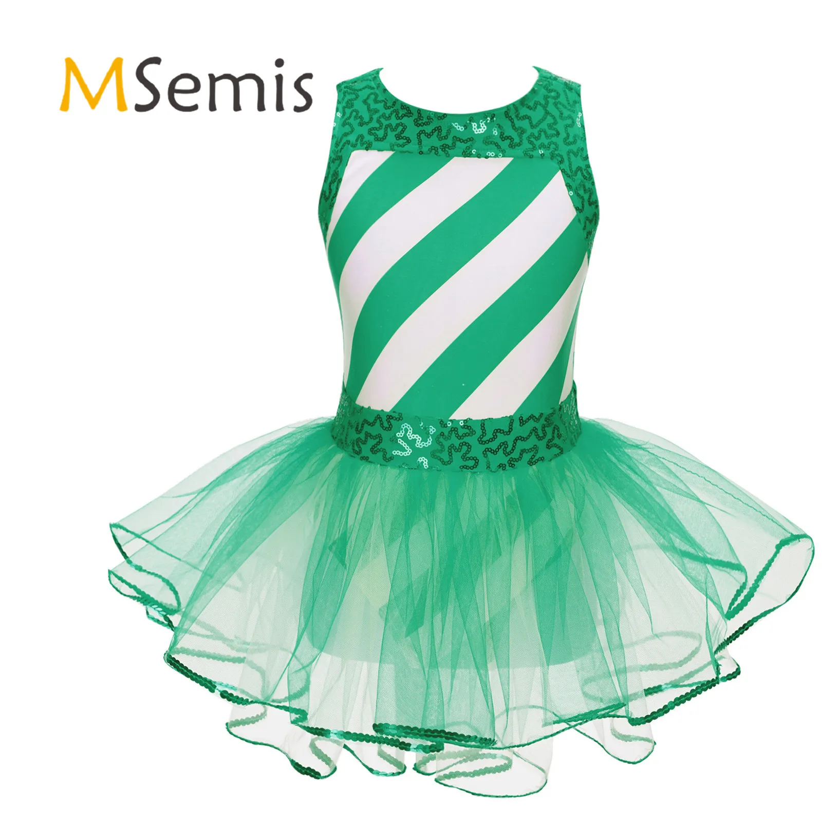 

Kids Girls Shiny Striped Christmas Carnivals Ballet Dance Dress Sleeveless Cutout Back Bowknot Tiered Tutu Skirt Jumpsuit Dress