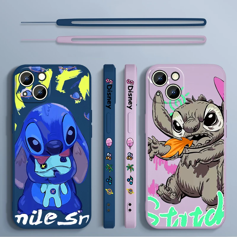 

Cartoon Funny Blue Stitch Apple iPhone Phone Case For 14 13 12 11 Pro Max Plus XS XR X 8 7 SE 2 3 Liquid Left Rope Cover