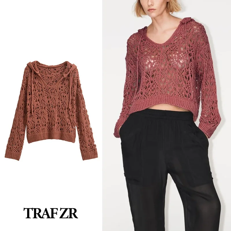 

TRAF ZR Hooded Pullovers Sweater Y2k Streetwear Harajuku Hollow Out Knitwears Long Sleeve Vintage Autumn Crop Tops for Women