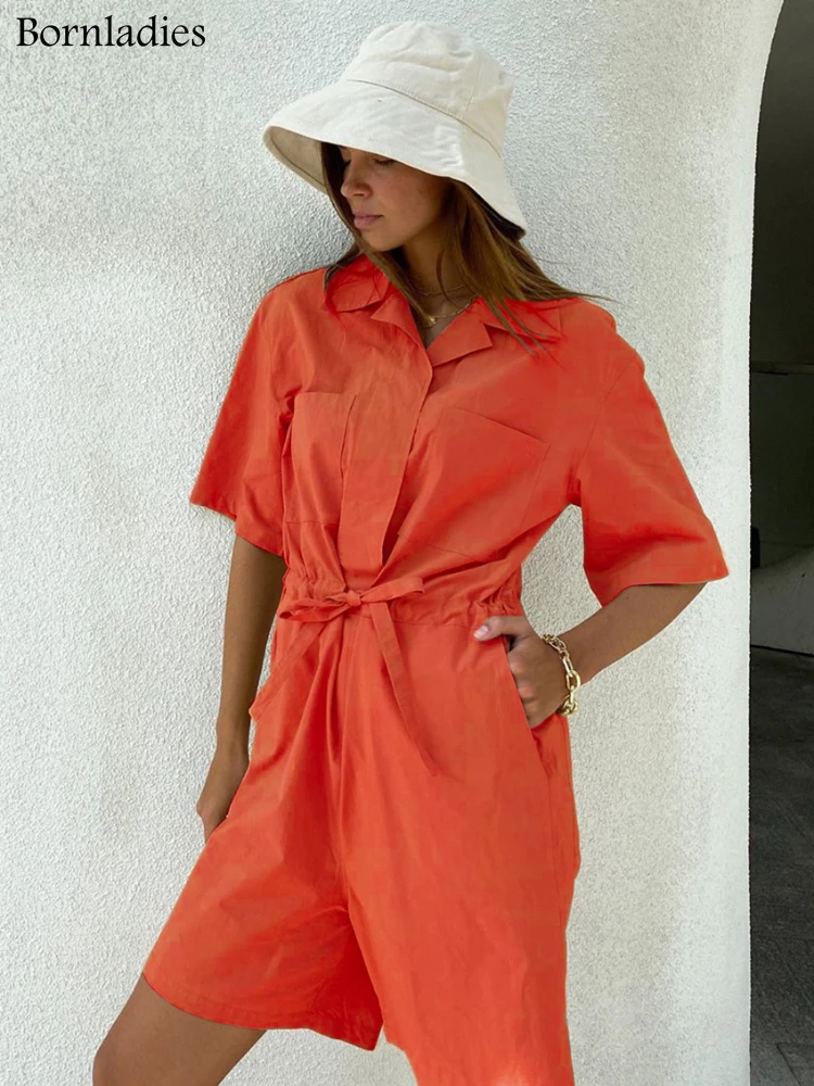 

Bornladies Safari Style Jumpsuits Women Pure Cotton Office Notched Elastic Waist Lace Up Summer Playsuits High Street Shorts