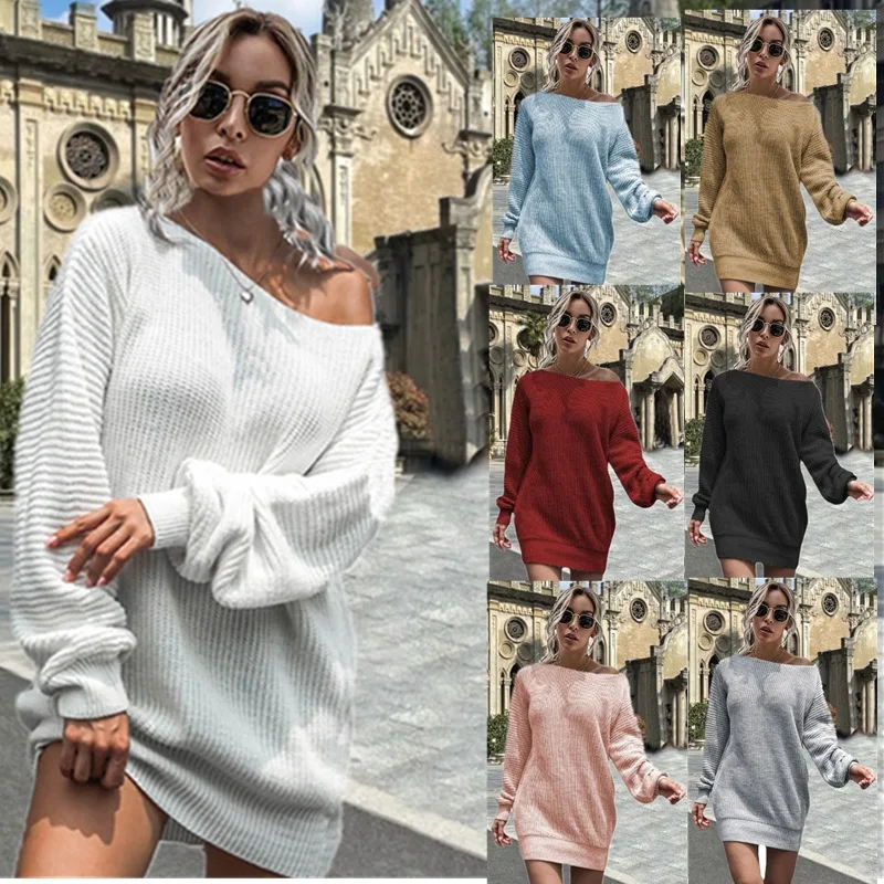 

Autumn and winter women's casual off shoulder lantern sleeve dress knitted sweater