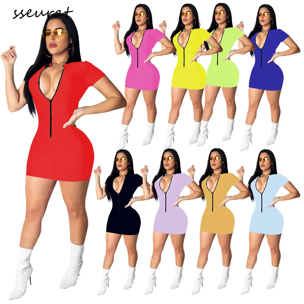 

SSEURAT Summer Women Mini Dress 2022 Sexy Short Sleeve Zipper Bag Hips Dresses Slim Dress Vestidos