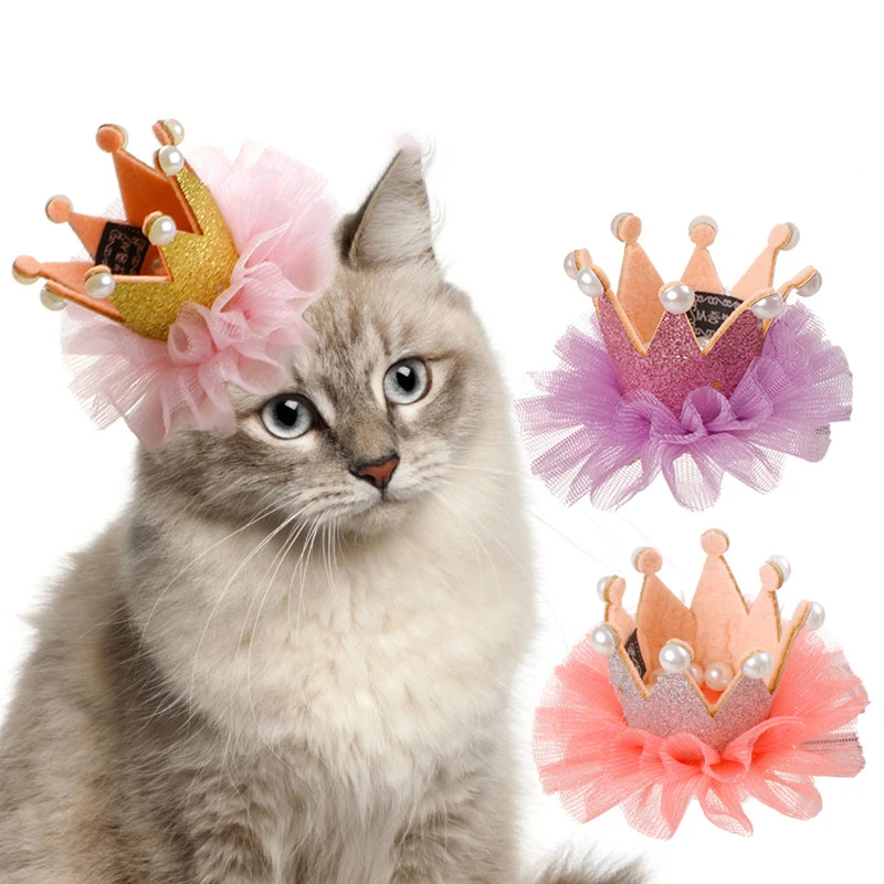 

Pet Birthday Hat Lace Princess Crown Pearl Headdress Hairpin Cat Dog Headdress Not Hurt Hair Dog Accessories Hair Clip