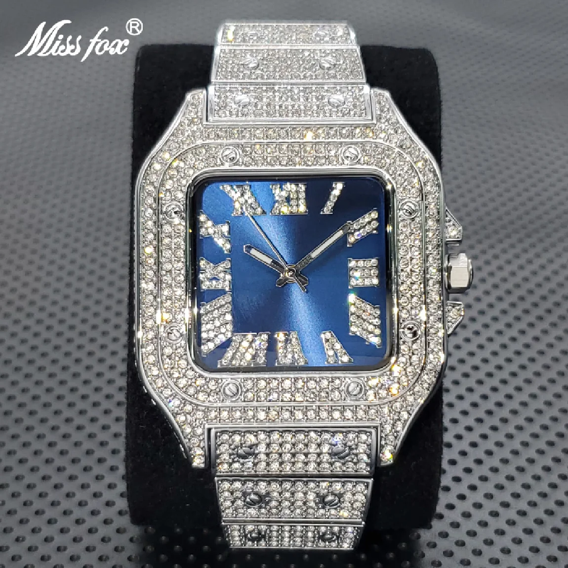 

Hot Luxury Square Men Watch Fashion Blue Dial Fully Diamond Case Quartz Watches Hip Hop Iced Out Cuban Steel Bracelet Clock Gift