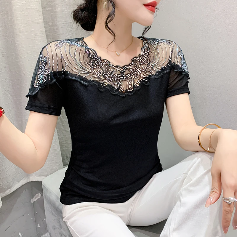 

Женская футболка с коротким рукавом, сеточная футболка в европейском стиле в стиле пэчворк, лето