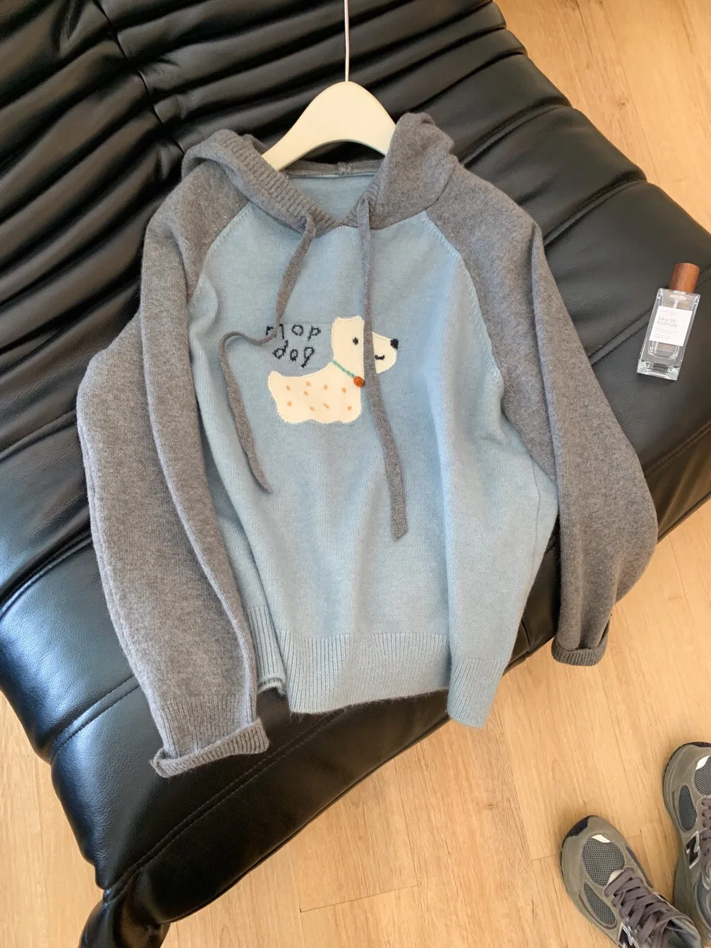 Серый синий контрастный цвет свитер с капюшоном и рисунком верхняя одежда