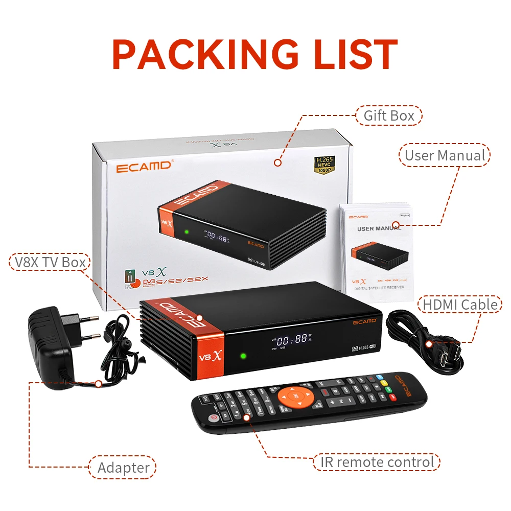Спутниковый ресивер ECAMD V8X DVB-S/S2/S2X VCM/ACM/мультипоточная поддержка Встроенный 2.4G WIFI