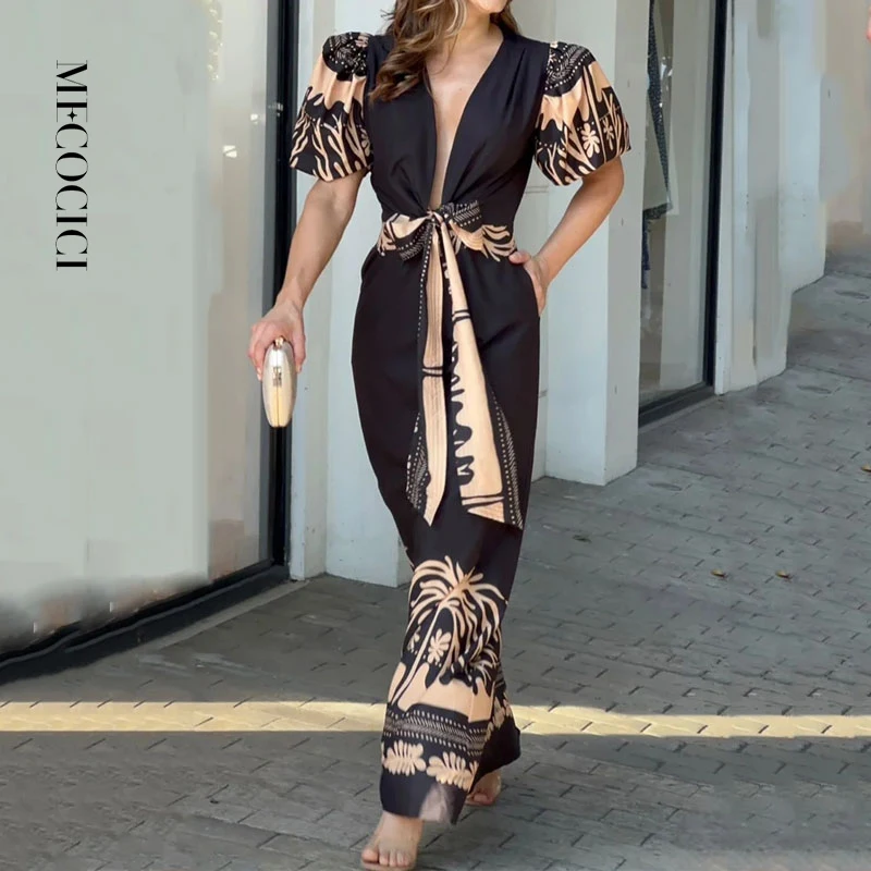 

MECOCICI Women Maxi Dress Summer Casual Puff Sleeve V Neck Nipped Waist Slim Lace Up Print Long Skirt Party Dresses Streetwear