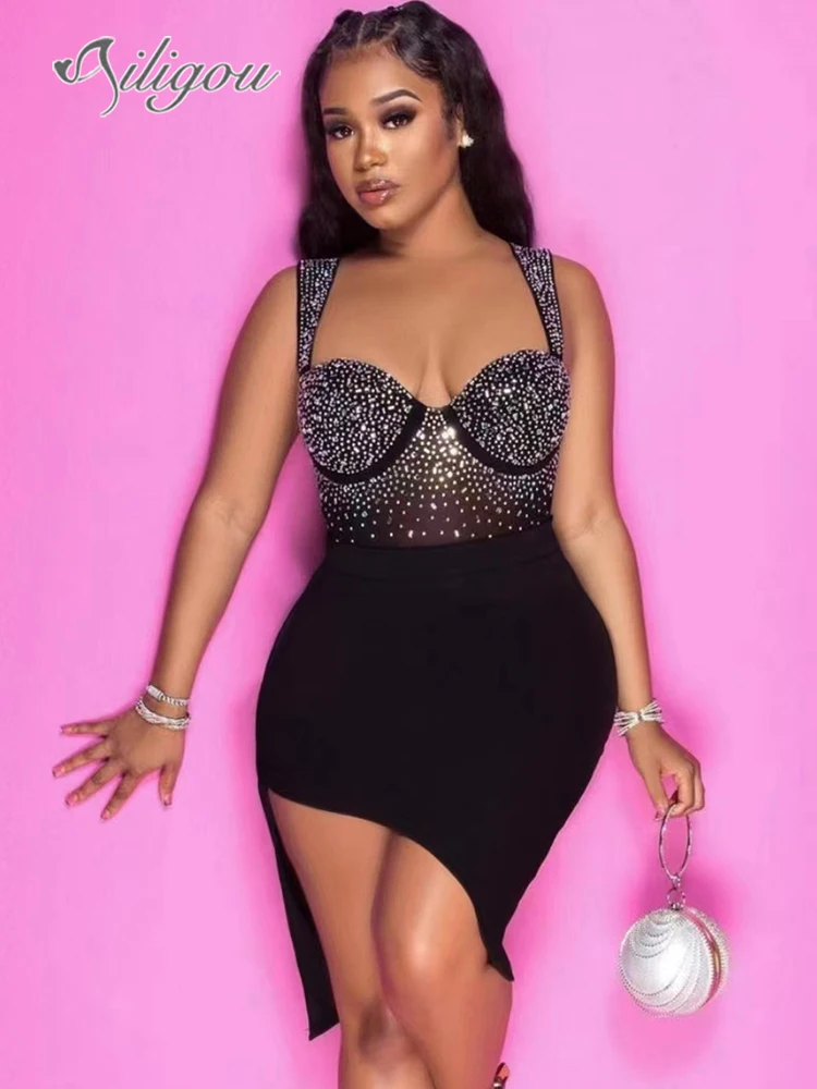 

Женское облегающее платье миди Ailigou, черное облегающее вечернее платье с разрезом, без рукавов, со стразами, в стиле звезд, для клуба, для лета, 2022