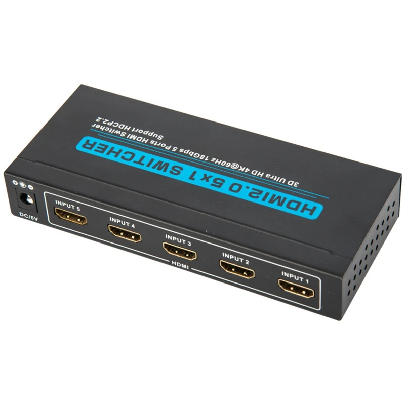 

HDMI Switcher 5X1 HDMI2.0 Switcher 5 In 1 Out 5 Port With IR Remote Control 4K Ultra HD 3D EU Plug