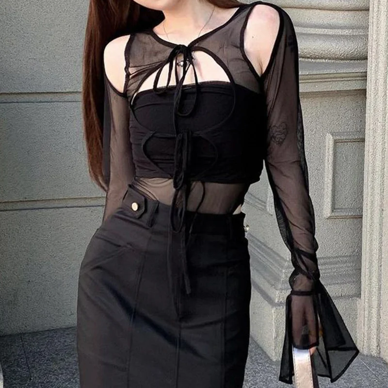 

Женское прозрачное сетчатое боди Goth sharp, сексуальное прозрачное боди на шнуровке с расклешенным низом и длинным рукавом, сексуальное женско...