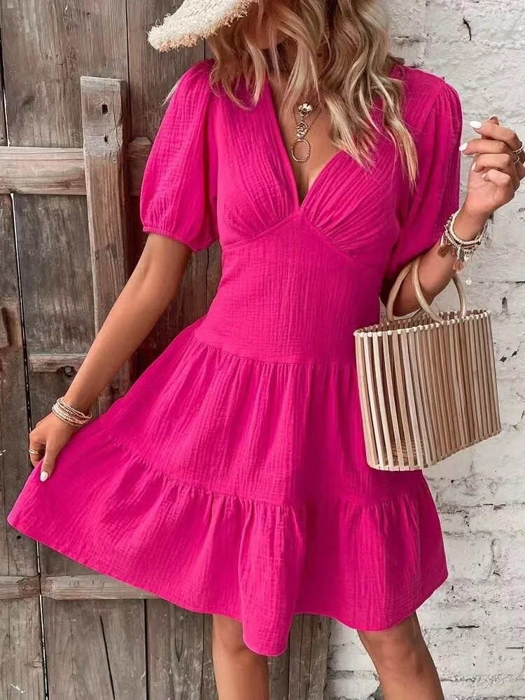 

2023 Women's Summer Sexy Cool Beach Dress New Solid Slim Fit High Waist V-Neck Medium Sleeve Dress