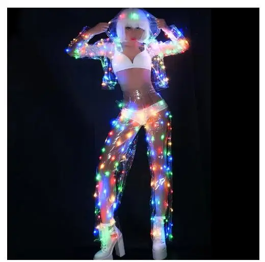 

Female Color LED lights Performance clothes Music Festival Singer Dance Team DJ Disco dancing Costume Sexy LED Perspective Suit