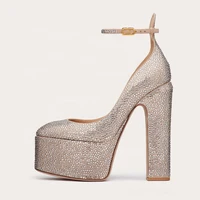 ladys dress high heel shoes square toe bling rhinestone sexy pumps chunky high heel sandal platform ankle buckle strap