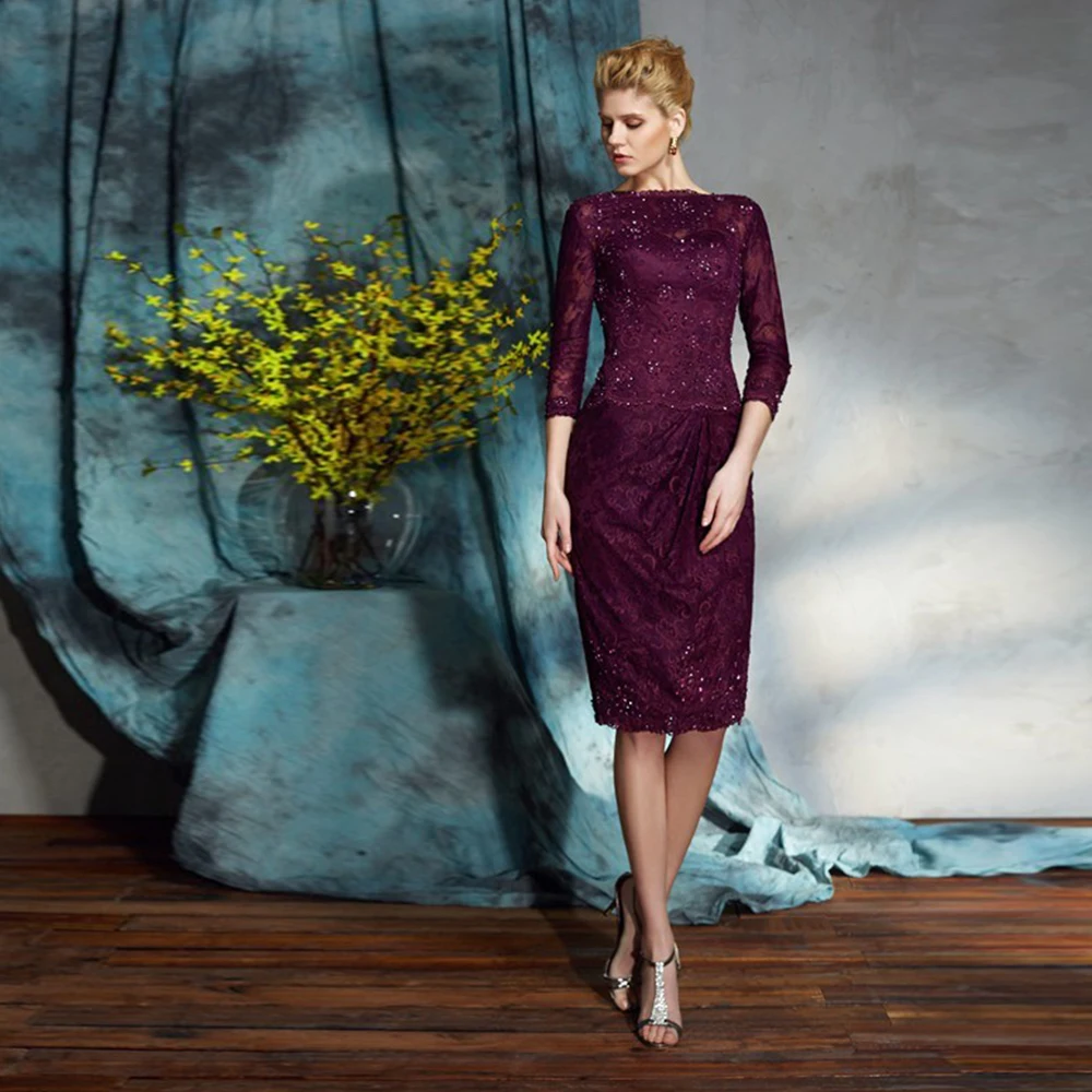 

Wine Red Lace Straight Mother Of The Bride Dresses For Wedding Custom Short Mom Guest Gown 3/4 Sleeves O Neck Knee Length 2022