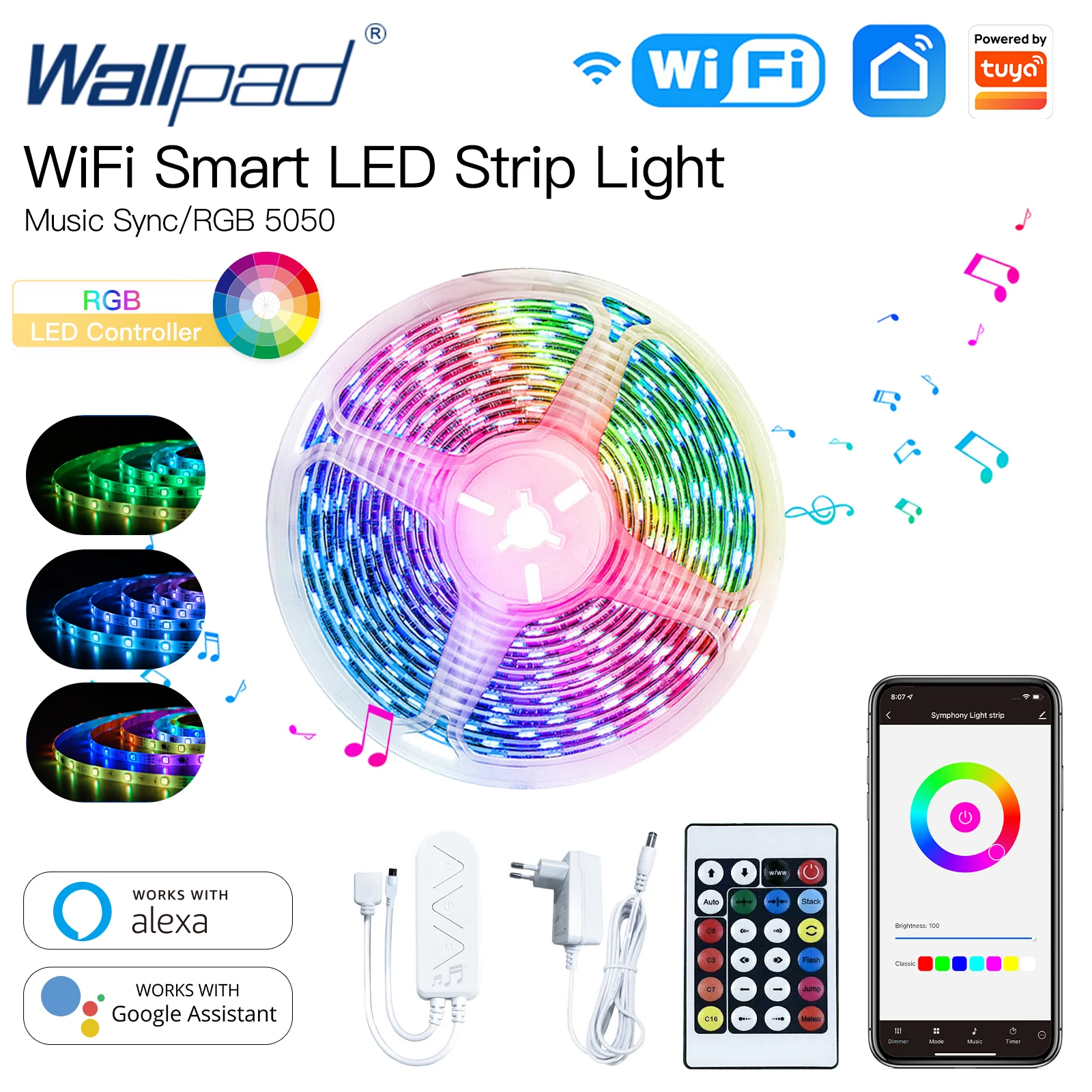 

Wallpad WIFI Smart LED Light Strip TUYA 5050 RGB Music Sync Color Changing Remote Control Voice Control by Alexa Google Home