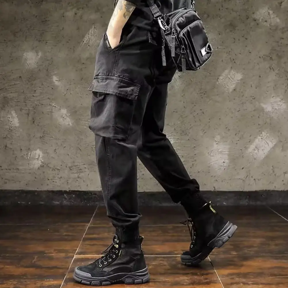 

Men Cargo Pants Solid Color Elastic Waists Multi Pockets Bottoms Drawstring Pants Streetwear