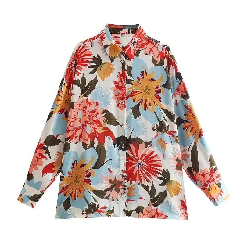 

SuperAen European and American Style Women's New 2022 Flower Print Satin Lapel Long Sleeve Fashion Shirt