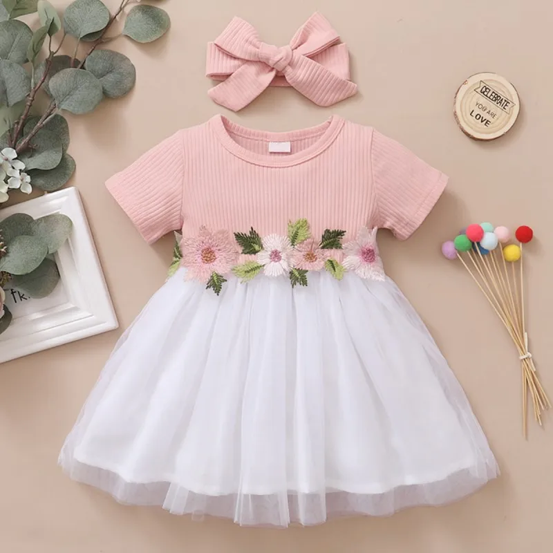 

Fashion Baby Dress Mesh Lace Flower Embroidery Short Sleeve Baby Girl Dress A-line Dresses With Headband Summer Girl Clothing