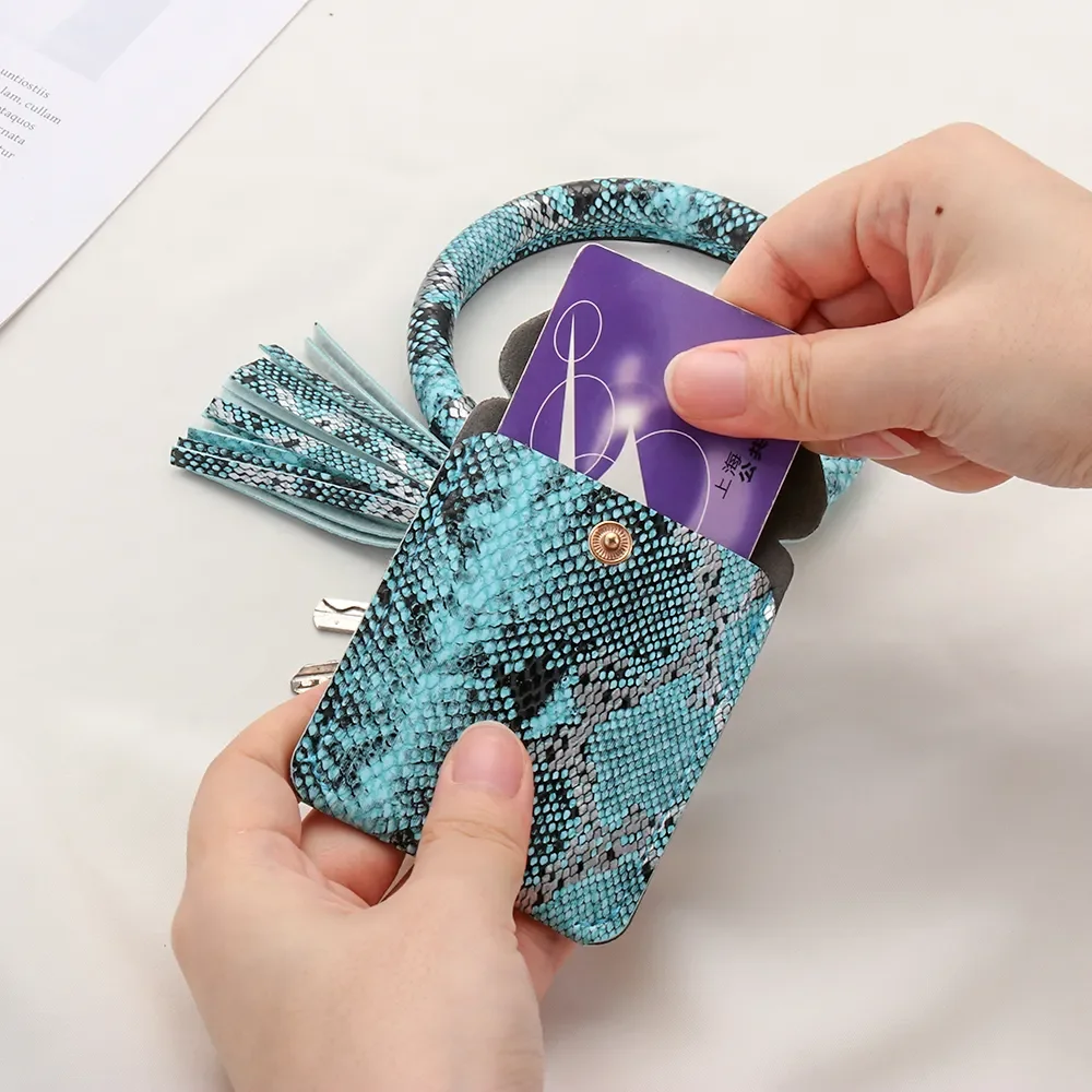 Bangle Style ID Card Holder Wallets Wristlet Keychain Card Holder Bracelet Key Ring Tassel Snake Skin Leather Coin Purse