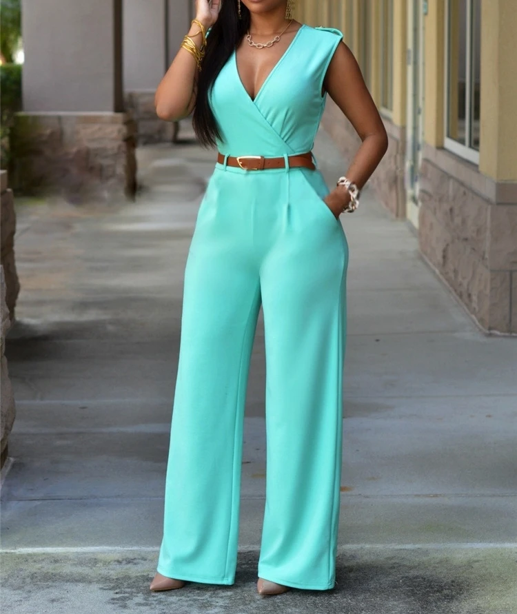 

High Waist V-neck Wide Leg Pants Irregular Jumpsuit with Belt