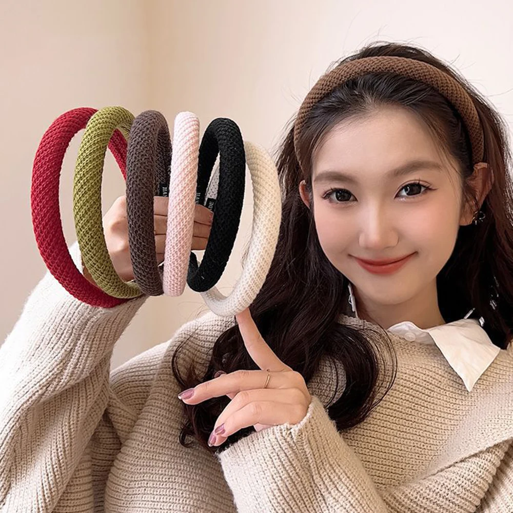 

New Fashion Wool Sponge Knitting Headband Hair Band Weaving Solid Color Autumn Winter Elegant Hair Hoop Women Hair Accessories