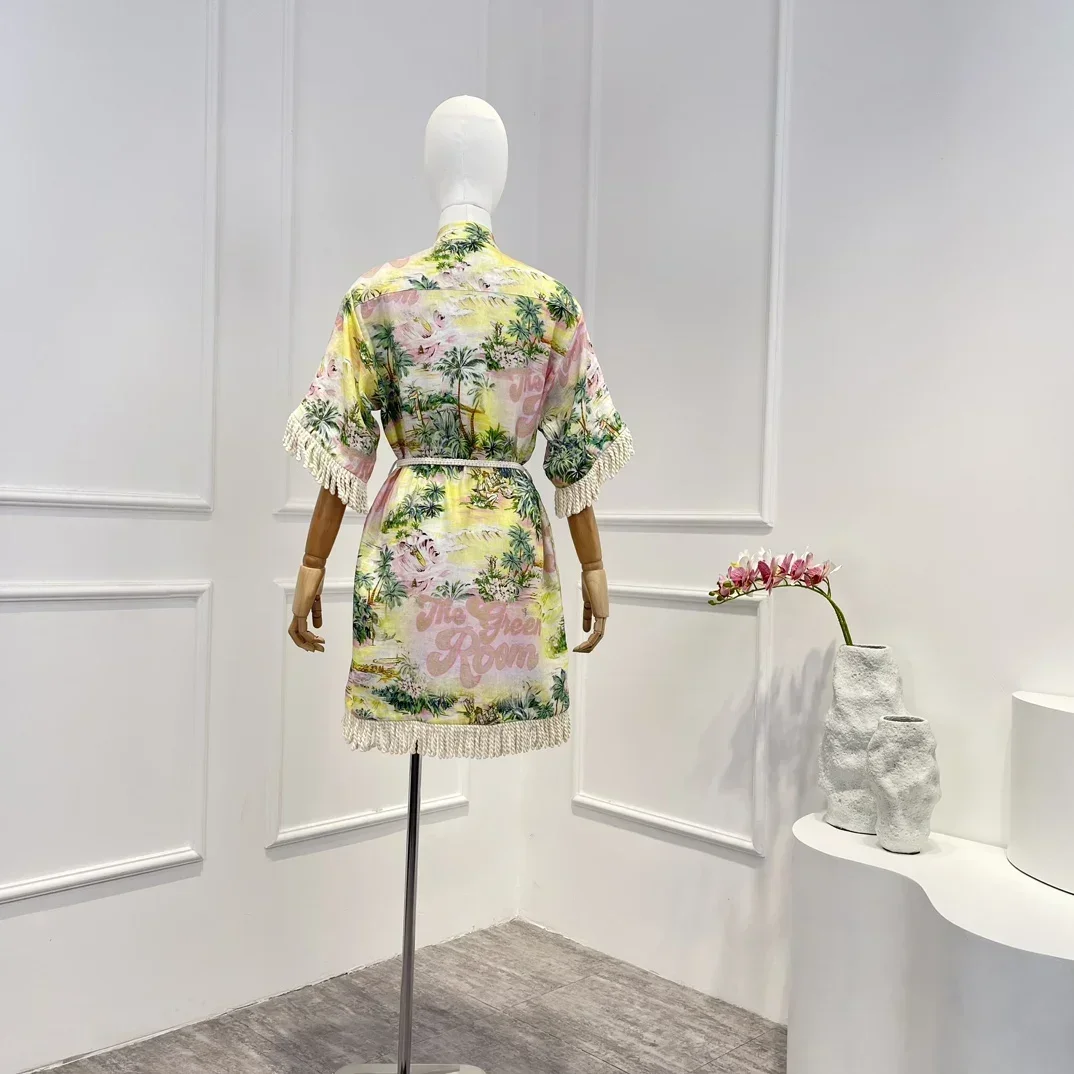

2023 New Tassel Spring Summer High Quality Beach Style Tree Printing Half Sleeve Buttons Belt Woman Casual Mini Dress