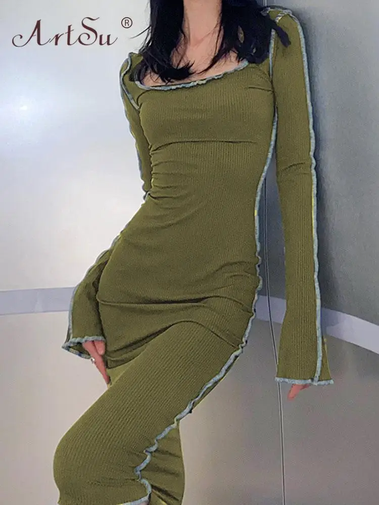 

ArtSu Women Solid Color Ruffle Sexy Dress Square Collar Long Sleeve Patchwork Slim Dresses 2022 Street Holiday Female ANDYDR525