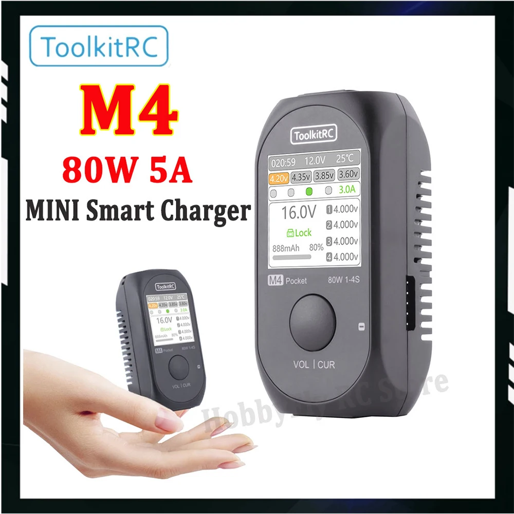 ToolkitRC M4 Pocket 80W 5A MINI Smart Charger XT30 XT60 Входной USB-C Входной/выходной зарядный прибор с IPS