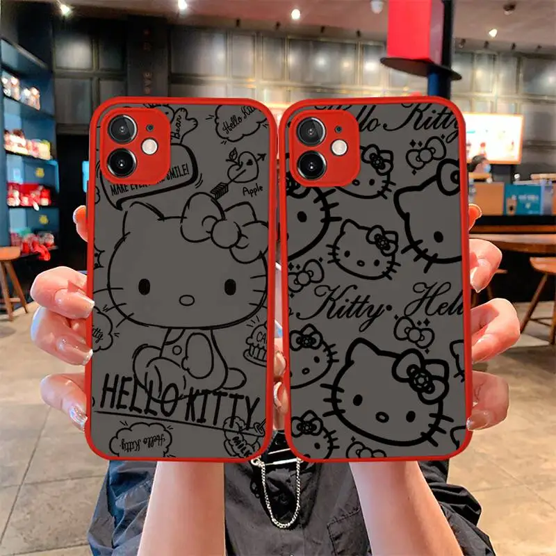 

Sanrio Cute Hello Kitty Phone Case For iphone 14 Plus 13 12 11 Pro Mini Max XS X XR Matte Transparent Light Red Cover
