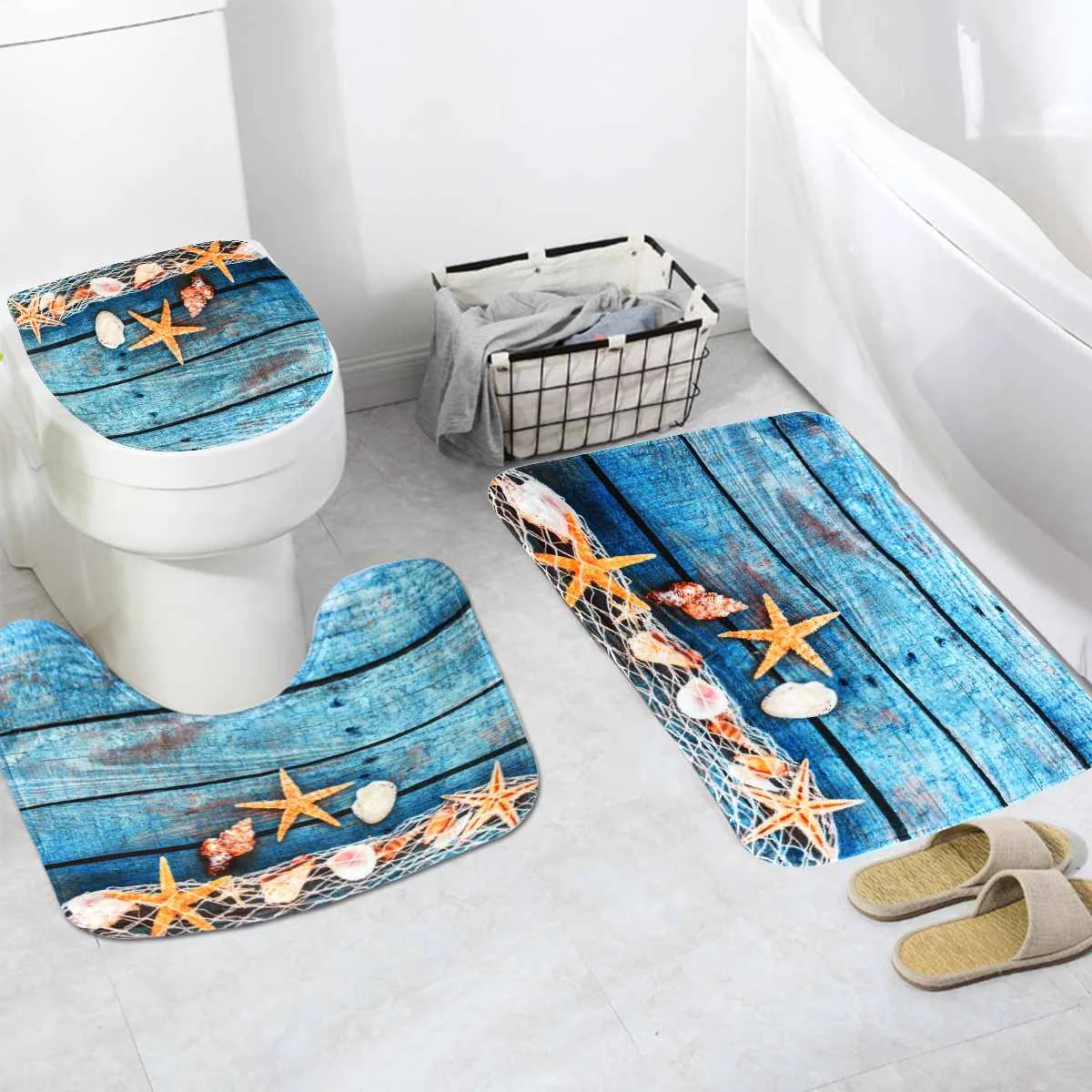 

3PCS/Set Mat Bathroom Pedestal Rug Lid Toilet Cover Starfish Pattern Waterproof Bathroom Non-Slip Rug Set Bath Decor