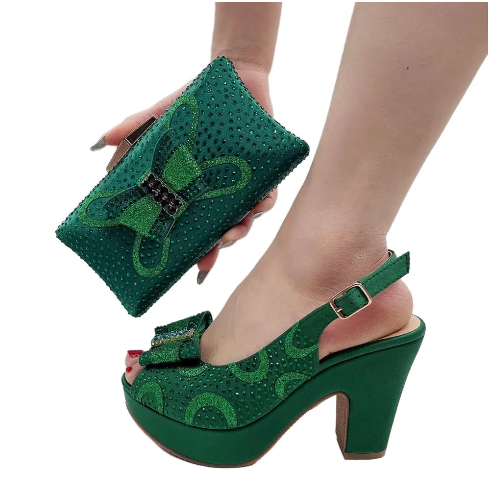 

African Women Shoes and Bag Set Green Color Mature Style Office Lady Italian Ladies Matching Shoes and Bag Party Set b23-31